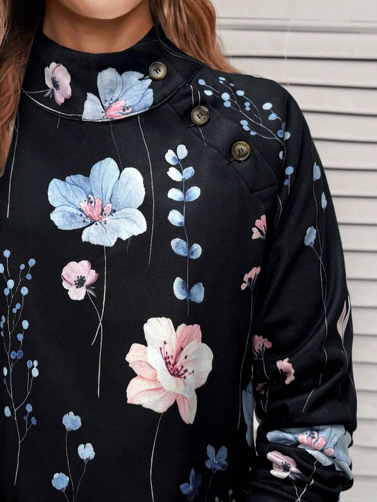 Women's Casual Floral Print Stand Collar Sweatshirt For Autumn