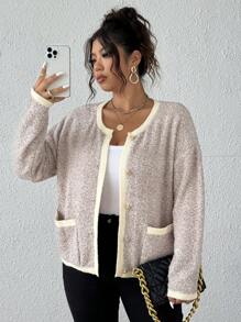 Flirla Plus Size Women Knit Crew Neck Fleece Pocket Long Sleeve Casual Cardigan Sweater - Khaki - View 5