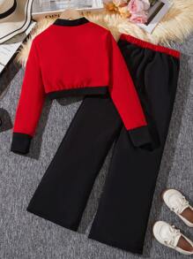 2pcs/Set Tween Girl Contrast Color Jacket Top And Casual Long Pants, Commuter Outfit - Red - View 2