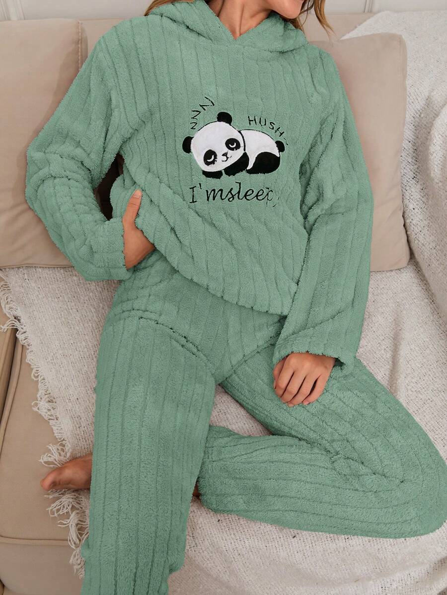 SHEIN Cottnline 2Pcs Pelush Panda Embroidery Detail PJ Set - Green - View 1