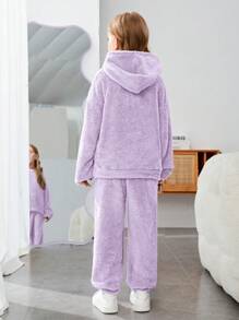 SHEIN Tween Mädchen 2-teiliges Set - einfarbiges flauschiges Kapuzen-Oberteil und extra lange Hose, locker, für Herbst und Winter, lässig - Mauve - Übersicht 3