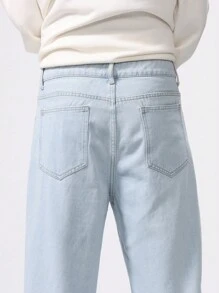 Manfinity Hypemode Pantalones vaqueros casuales de estilo simple con botones delanteros y bolsillos para hombres de talla grande, pantalones vaqueros tipo cargo lavados sencillos y holgados de color azul claro, ideal como regalo para el esposo o novio