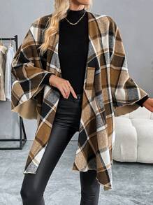 SHEIN Clasi 女式复古休闲优雅格子羊毛斗篷斗篷外套，秋冬 - 卡其色 - 查看 6