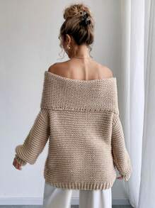 SHEIN LUNE Áo len chui đầu hở vai cỡ lớn đính lưới Rhinestone, thu/đông - Màu Khaki - Xem 2