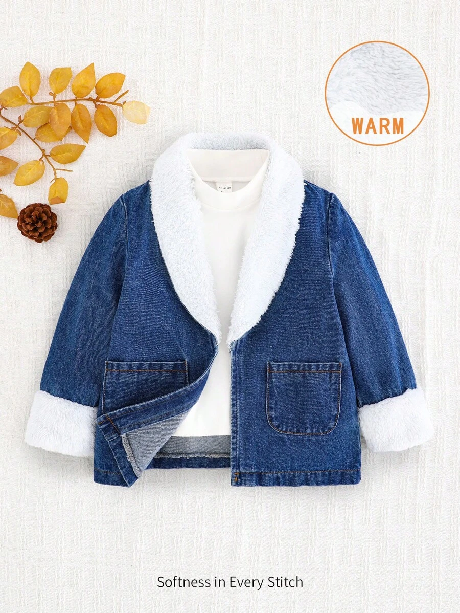Cozy Pixies Young Girls Casual Warm Cute Pocket Lapel Long Sleeves Loose Fit Blue Denim Thermal Lined Teddy Coat ,For Young Girls Fall/Winter Clothes - Medium Wash - View 1