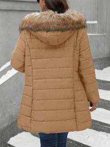 SHEIN LUNE 大码女式拉链加厚棉服外套，纯色长袖连帽休闲外套，冬季服装 - 駝色 - 查看 2