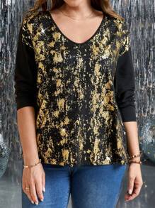 Plus Size Women's V-Neck Dropped Shoulder Foil Print Long Sleeve Fashion T-Shirt For Autumn - Multicolor - View 3