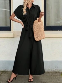 INAWLY Women's Casual Solid Color Drawstring Waist Short Sleeve Jumpsuit, Summer