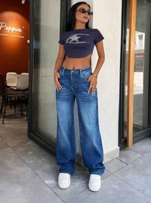 RueChic 100% Cotton HIGH RISE WIDELEG INDIGO WOMEN JEAN - Dark Wash - View 5