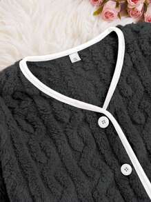 1 件纯色提花前开单排扣撞色饰边衬衫 - 灰色 - 查看 3