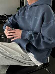 DAZY Men's Autumn Letter Print Long Sleeve Zip Front Pocket Casual Hoodie - Blue - View 3