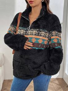 SHEIN Fair Isle Print Color-Block Bubble Fleece Casual Maternity Hoodie