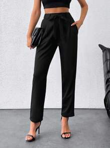 RueChic Women's Solid Slant Pocket Belted Pleated Pants - Black - View 5