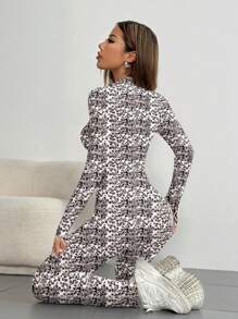 SHEIN Unity Leopard Print Stand Collar Jumpsuit With Long Sleeves - Multicolor - View 2