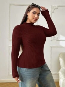 SHEIN EZwear Blusa casual de talla grande para Día de San Valentín, de color liso, de manga larga, con volantes