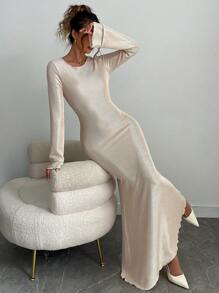 Chiquease Women Elegant Solid Color Pleated Bell Sleeve Mermaid Hem Fitted Dress, Spring/Autumn - Apricot - View 6