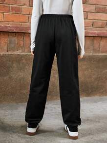 SHEIN Tween Girl Letter & Number Print Elastic Waist Casual Jogger Pants - Black - View 2