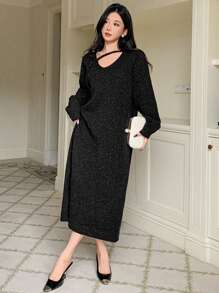 DAZY Váy dài dệt kim cổ khoét rỗng thường ngày cho nữ, Quần áo thu/đông, Váy len cho nữ - màu đen - Xem 6