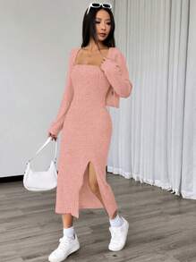 Chiquease 2pcs/Set Solid Color High Slit Bodycon Dress And Open Front Cardigan, Outfit - Dusty Pink - View 3