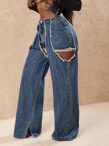 Slaydiva Women Fashion Patchwork Fringe Cutout Wide Leg Loose Casual Jeans Pants - Blue - View 5