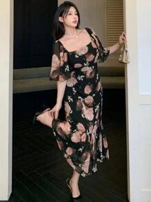 xheDAZY Vestido de gasa con estampado floral diminuto, cuello cuadrado, ribete de volantes y bajo de cola de pez, elegante conjunto de vacaciones de verano para mujeres, estilo boho para Pascuaxhe - Rosa Oxidada - Ver 8