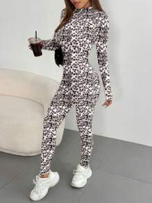 SHEIN Unity Leopard Print Stand Collar Jumpsuit With Long Sleeves - Multicolor - View 4