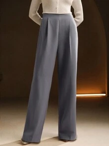 Anewsta Pantalones de traje de mujer con adorno de perla en la cintura - Gris - Ver 4