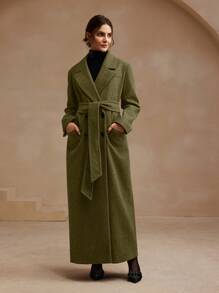 Anewsta Women's Elegant Green Mid-Length Coat, Winter Waist Cinched Lapel Outerwear, Suitable For New Year & Christmas Occasions - Olive Green - View 6