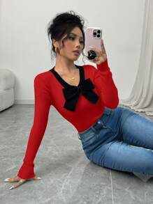 Elenzga 1 pieza Suéter sencillo de mujer con mangas largas, decoración de lazo y bloque de color, casual para usar diariamente, ropa para Año Nuevo