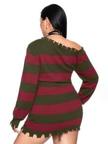 ROMWE Grunge Punk 圣诞节大码长款破洞红黑条纹套头毛衣