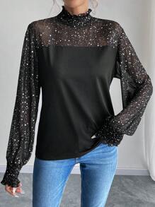 SHEIN Clasi Women's Sequin Mesh Paneled Solid Color Blouse
