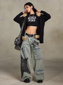 ROMWE Grunge Punk Vintage Ruffled Detail Women Zippered Open Front Oversized Hooded Cardigan, Autumn/Winter