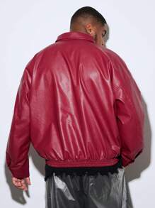 Manfinity VCAY 加大码男士长袖休闲红色仿皮宽松外出衬衫外套，适合送给朋友、丈夫、男友，秋冬季穿着 - 酒紅色 - 查看 2