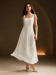 Anewsta Elegant White Sequin Decor 2 Pieces Set: Fitted Long Sleeve Blazer & Long Slip Dress, High-End Look - White - View 6