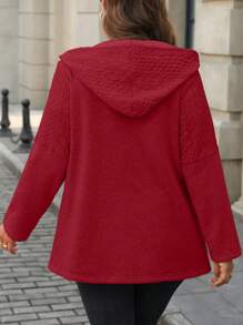 SHEIN LUNE Plus Size Solid Color Pocket Hooded Collar Knitted Long Sleeve Cardigan For New Year Clothes - Red - View 2