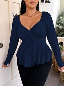 Vionelle 大码甜心领前抽绳罗纹长袖 T 恤 - 藏蓝色 - 查看 4