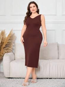 Modelyn Plus Size Women Solid Color Long Sleeve Cardigan And V-Neck Sleeveless Sweater Dress 2 Pieces Set, For Casual Wear In Autumn/Winter 2 Pieces Set Fall Cloth For Women - Coffee Brown - View 5