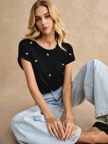 Poéselle Camiseta de algodón bordada casual de verano, versión suelta cómoda y transpirable, camiseta bordada con limones pequeños, adecuada para uso diario, para ir al trabajo, vacaciones y uso en el hogar
