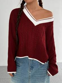 Flirla 女士秋冬休闲撞色 V 领纹理毛衣 - 彩色 - 查看 4