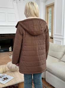 SHEIN LUNE Women Stand Collar Zip Up Simple Design Outerwear Jacket, Suitable For Winter - Coffee Brown - View 2