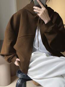 INAWLY 女士休闲纯色抽绳连帽运动衫（秋冬季） - 棕色 - 查看 3
