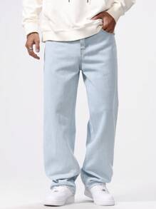 Manfinity Hypemode Pantalones vaqueros casuales de estilo simple con botones delanteros y bolsillos para hombres de talla grande, pantalones vaqueros tipo cargo lavados sencillos y holgados de color azul claro, ideal como regalo para el esposo o novio