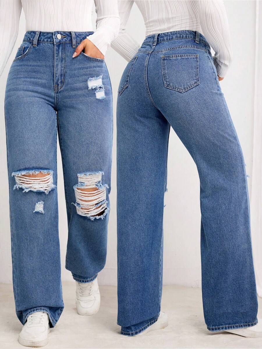 SHEIN LUNE Quần Jeans Ống Thẳng Thường Ngày Cho Nữ - Màu xanh lam - Xem 1