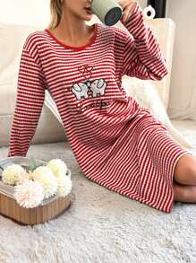 RueChic 100% 纯棉大象与字母刺绣条纹印花落肩睡裙 - 紅色 - 查看 1