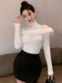 DAZY 情人节女士高领网眼毛绒拼接长袖上衣，秋季服装 - 白色 - 查看 4