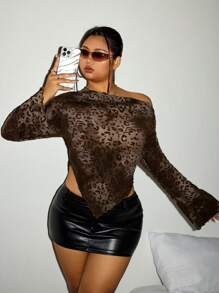 SHEIN ICON ICON Plus Size Women's Fall Outfits Asymmetrical Collar Leopard Print Mesh Fashion T-Shirt, Spring/Summer