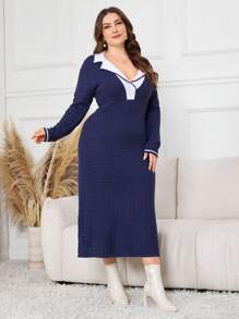 Modelyn 大码女式秋冬拼色翻领长袖优雅毛衣连衣裙 - 寶藍色 - 查看 4