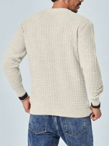 RueChic 男士纯色圆领长袖休闲毛衣，秋冬季 - 奶油色 - 查看 2