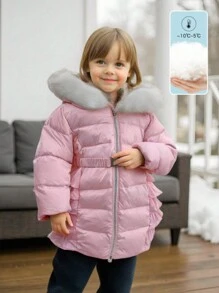 Young Girl Pink Fur Trim Hooded Multi-Layer Ruffle Hem Padded Jacket - Baby Pink - View 1