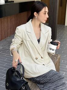 DAZY Plain Textured Loose Women Blazer,Fall Clothes Business Attire - Beige - View 7